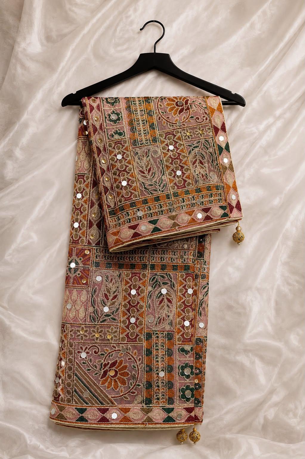 Premium Fawn Organza Abstract With Sequin Mirror Work And Hand Made Tassels On Corner