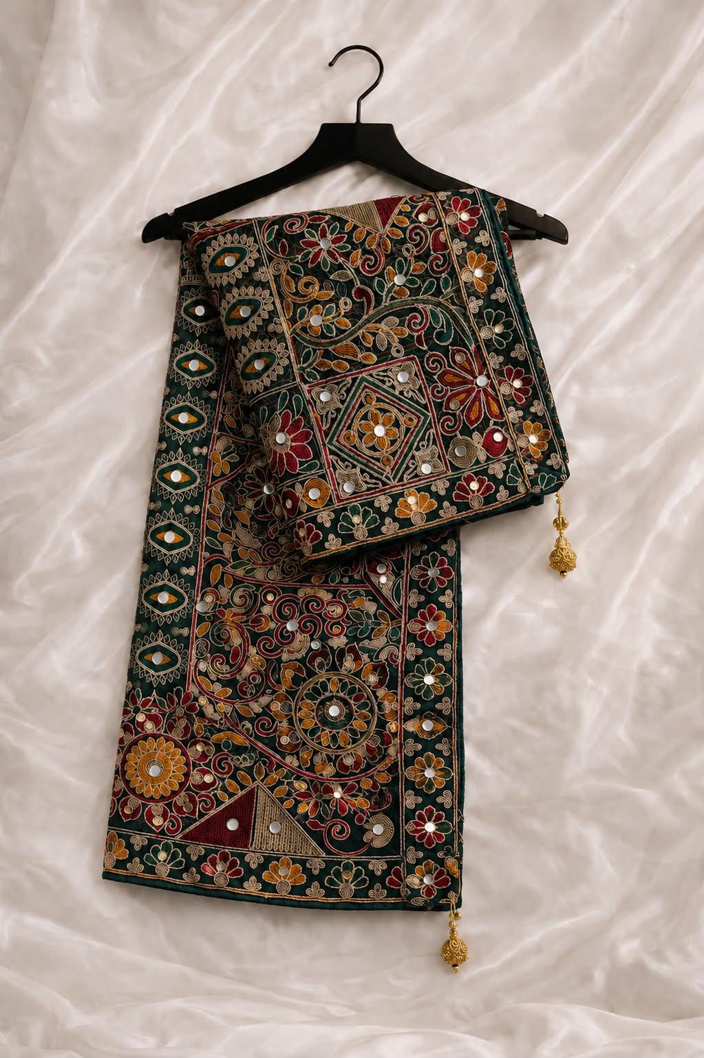 Premium Fawn Organza Abstract With Sequin Mirror Work And Hand Made Tassels On Corner