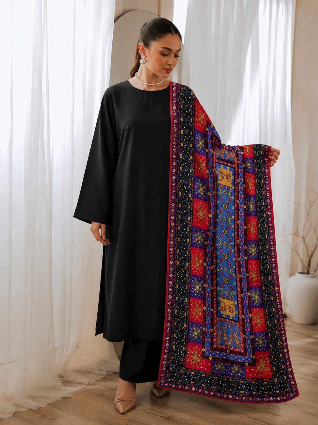 Silk Heavy Multi Embroidered With Mirror and Pearls Work Dupatta