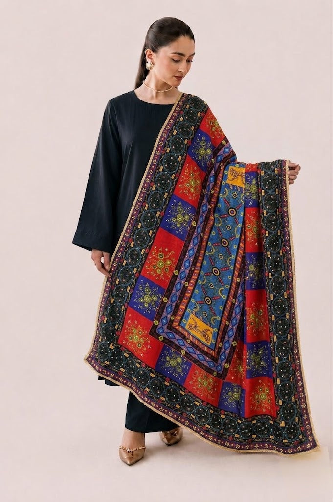 Silk Heavy Multi Embroidered With Mirror and Pearls Work Dupatta
